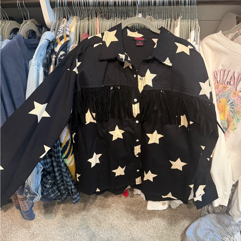 Rock & Roll Star Print Fringe Button-Up Shirt